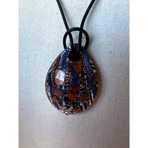 Art Glass Pendant Cord Necklace Blue Silver Foil Teardrop Boho Artisan Dichroic